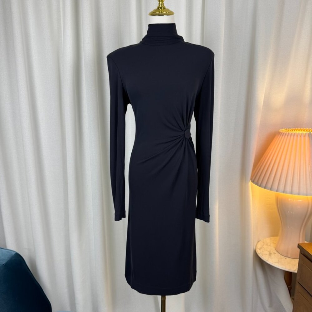 VTG Mock Neck Gathered Waist Exposed Riri Zipper Midi Dress - Picture 2 of 9